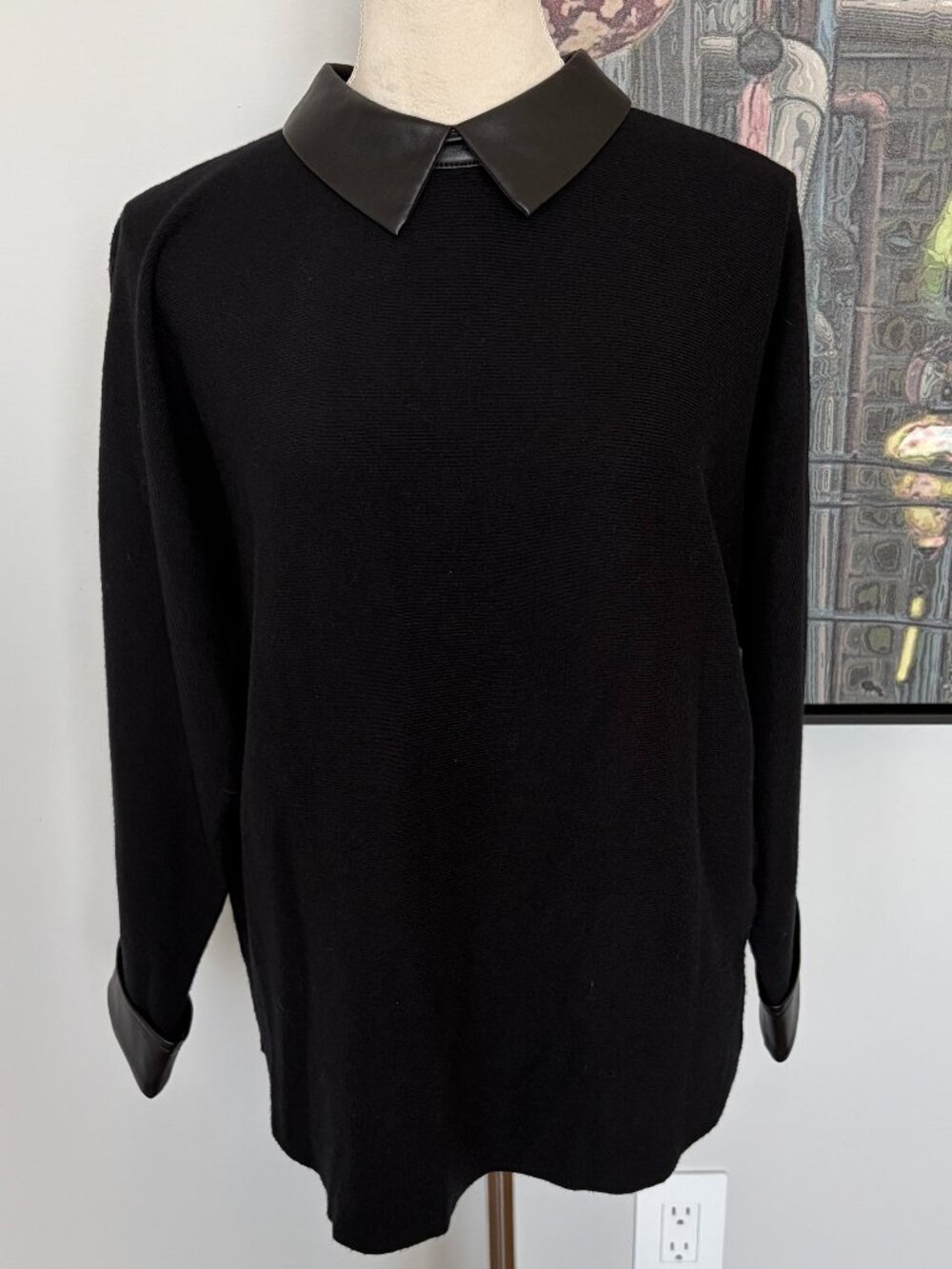 Sioni Black with Faux Leather Collar/Cuffs Sweater L